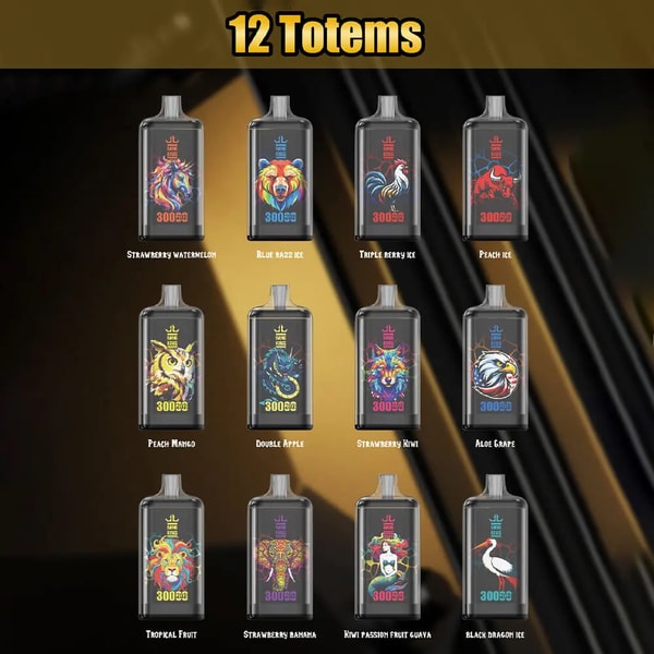 Poster titled '12 Totems' showing twelve black rectangular disposable vape devices arranged in a three-row grid, each featuring a vivid animal totem illustration and flavor label (including Strawberry Watermelon, Blue Razz Ice, Triple Berry Ice, Peach Ice, Peach Mango, Double Apple, Strawberry Kiwi, Aloe Grape, Tropical Fruit, Strawberry Banana, Kiwi Passion Fruit Guava, and Black Dragon Ice).