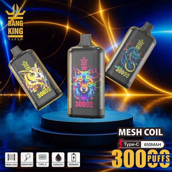 Three black Bang King disposable vape devices with vivid neon animal illustrations (colorful wolf center, owl left, dragon right) labeled '300 puffs', shown above a blue circular stage with glowing blue and gold light trails and icons indicating mesh coil, Type‑C and 650 mAh capacity.