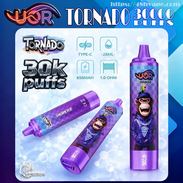 Three purple Tornado disposable vape devices labeled “30k puffs” and “Grape Ice” featuring a cartoon monkey in a jeweled jacket with a parrot, shown with icons for Type‑C charging, 28 mL, 650 mAh, and 1.0 ohm specifications on a blue background.