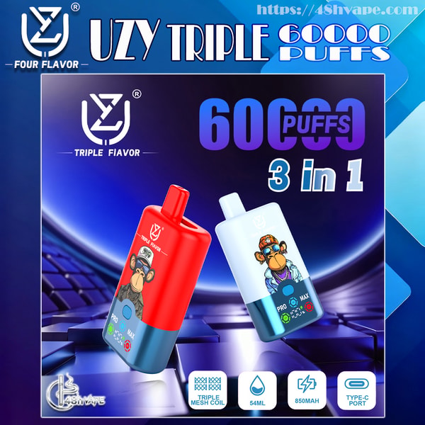 Advertising image showing two UZY Triple disposable vape devices—one red and one white—each decorated with a cartoon ape, set on a glossy futuristic blue background with large text reading "60000 puffs" and "3 in 1" and icons for triple mesh coil, 54ml, 850mAh battery and Type‑C port.