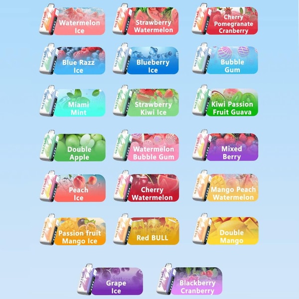 Three-column grid of colorful rectangular vape flavor labels on a light blue background, each showing a small device icon and fruit-themed artwork with flavor names like Watermelon Ice, Strawberry Watermelon, Cherry Pomegranate Cranberry, Blue Razz Ice, Blueberry Ice, Bubble Gum, Miami Mint, Strawberry Kiwi Ice, Kiwi Passion Fruit Guava, Double Apple, Watermelon Bubble Gum, Mixed Berry, Peach Ice, Cherry Watermelon, Mango Peach Watermelon, Passion Fruit Mango Ice, Red BULL, Double Mango, Grape Ice, and Blackberry Cranberry.