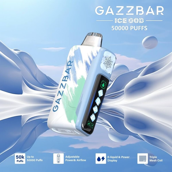 Ice-themed GAZZBAR disposable vape in white and pale blue with a digital side display showing ice-cube icons, floating against abstract icy-blue waves and large text reading GAZZBAR ICE GOD 50000 PUFFS with small icons for adjustable power & airflow, e-liquid & power display, and triple mesh coil.