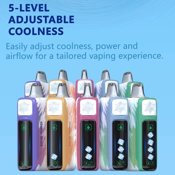 Lineup of colorful pod-style vaping devices with snowflake buttons and OLED screens displaying ice-cube cooling levels, shown beneath the headline “5-LEVEL ADJUSTABLE COOLNESS” and text about adjusting coolness, power and airflow.