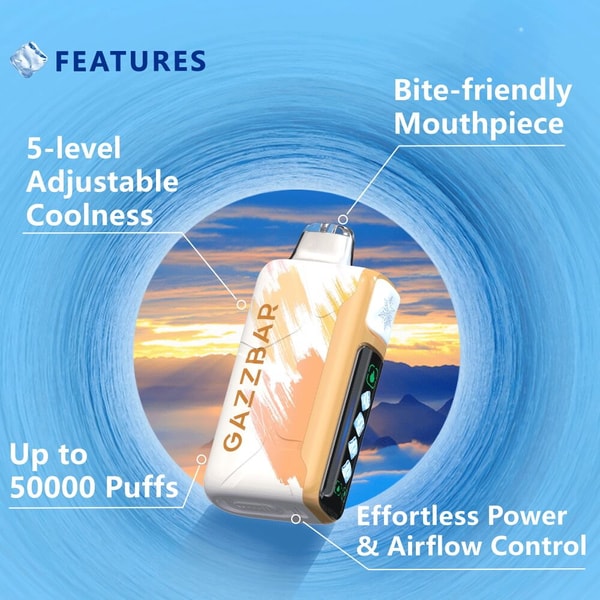 Compact GAZZBAR vape device with a peach-and-white paint-splash finish centered against a blue swirling background and sunset window, annotated with features: bite-friendly mouthpiece, 5-level adjustable coolness, up to 50,000 puffs, and effortless power and airflow control.