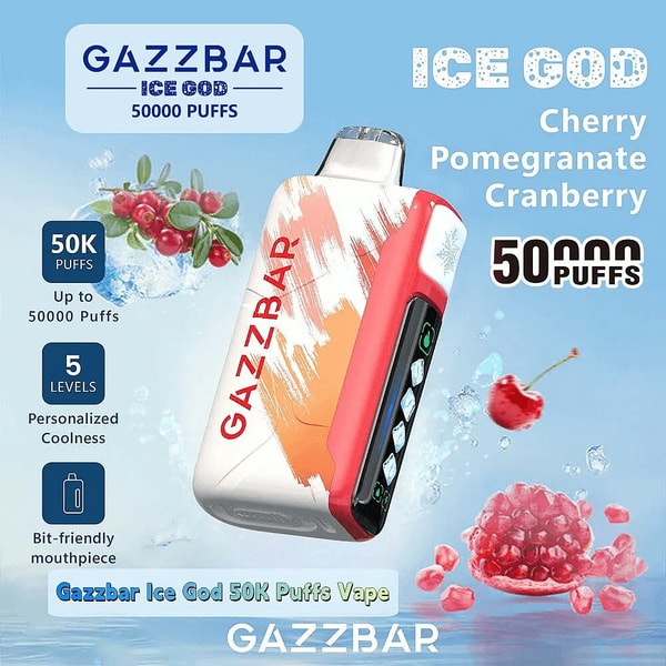 Advertisement for Gazzbar Ice God disposable vape showing a white-and-red device with a small digital display against splashing ice and fruit images (cherry, pomegranate, cranberry) and text highlighting 50,000 puffs, 5 levels of personalized coolness, and a bit-friendly mouthpiece.