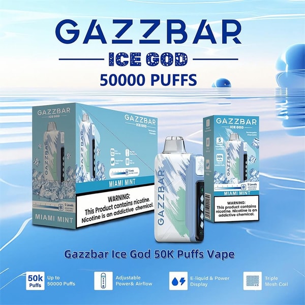 Promotional image of Gazzbar Ice God 50,000 puffs Miami Mint vape showing two product boxes and a white-and-blue device on an icy blue water background, with large "50,000 PUFFS" text and visible nicotine warning labels.