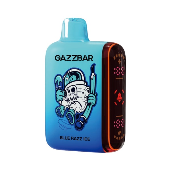 Turquoise-to-blue disposable vape device labeled GAZZBAR Blue Razz Ice, featuring a cartoon astronaut-skeleton holding a popsicle on the front and an amber translucent side panel with indicator lights.