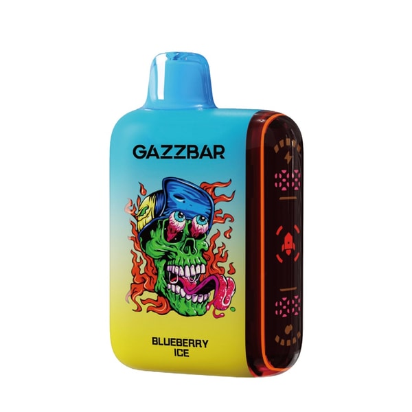 Bright blue-to-yellow gradient disposable vape device labeled GAZZBAR featuring a colorful flaming green skull wearing a blue cap, 'BLUEBERRY ICE' flavor text at the bottom, and a dark translucent side panel with pink LED-style icons.