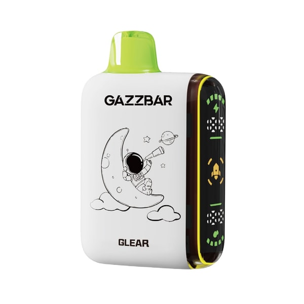 White rectangular GAZZBAR GLEAR vaping device with a lime-green mouthpiece, front illustration of a cartoon astronaut sitting on a crescent moon holding a telescope, and a black side panel with multicolored LED indicators.