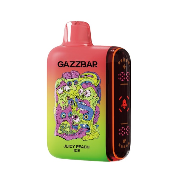 Rectangular pink-to-green gradient GAZZBAR disposable vape with built-in mouthpiece, a bright multicolored grotesque multi-eyed monster illustration on the front, 'JUICY PEACH ICE' flavor text at the bottom, and a dark translucent side panel with pink icons.