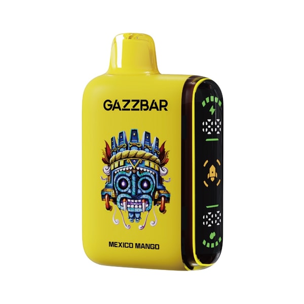 Bright yellow GAZZBAR disposable vape device labeled Mexico Mango with a colorful Aztec-style mask illustration and a black side panel showing LED icons