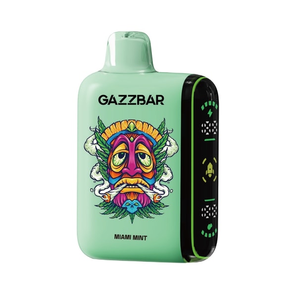 Mint-green GAZZBAR disposable vape featuring a vibrant, multicolored stylized face illustration on the front, black side panel with indicator icons, and the label "Miami Mint".