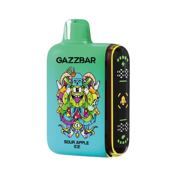 Green-to-teal GAZZBAR disposable vape with a top mouthpiece, a colorful cartoon monster graphic and the text 'Sour Apple Ice' on the front, and a black side panel showing illuminated icons.