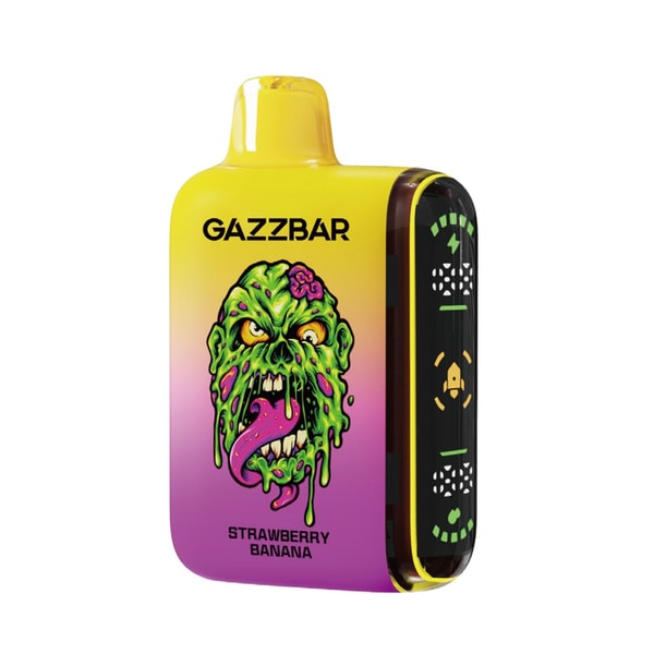 Compact yellow-to-purple GAZZBAR disposable vape featuring a dripping green zombie face illustration, 'STRAWBERRY BANANA' flavor text, and a black side panel with battery and indicator icons.
