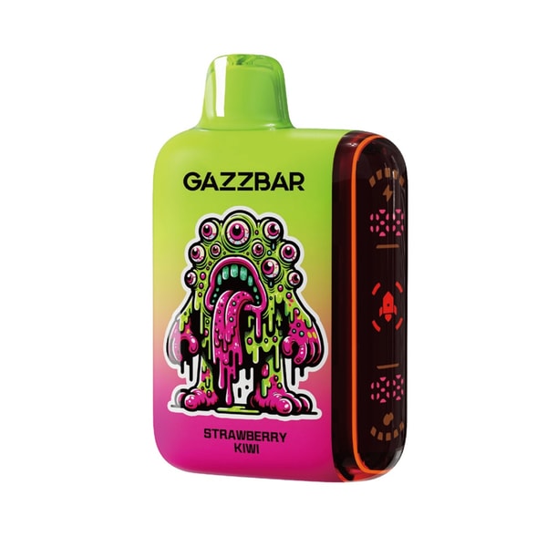 Rectangular green-to-pink GAZZBAR disposable vape with a top mouthpiece, featuring a dripping pink-and-green multi‑eyed monster illustration on the front, the GAZZBAR logo above and 'Strawberry Kiwi' text below, and a dark translucent side panel with icons, on a white background.