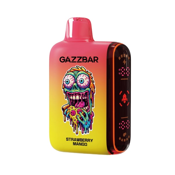 Compact pink-to-yellow gradient GAZZBAR disposable vape featuring a colorful melting monster illustration, 'Strawberry Mango' flavor text, and a dark translucent side panel with indicator icons