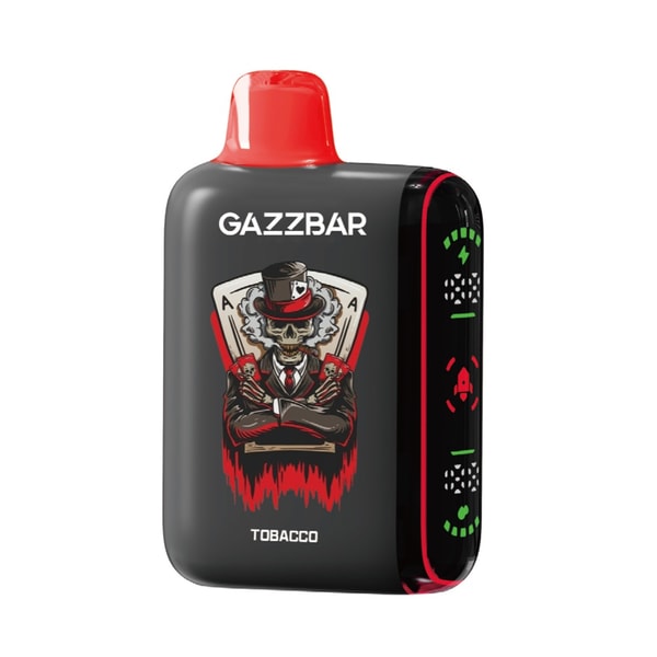Black and red GAZZBAR disposable vape with a red mouthpiece, front artwork of a suited figure with crossed arms framed by two aces and skull motifs, the word TOBACCO printed at the bottom, and a side panel with green and red LED indicators