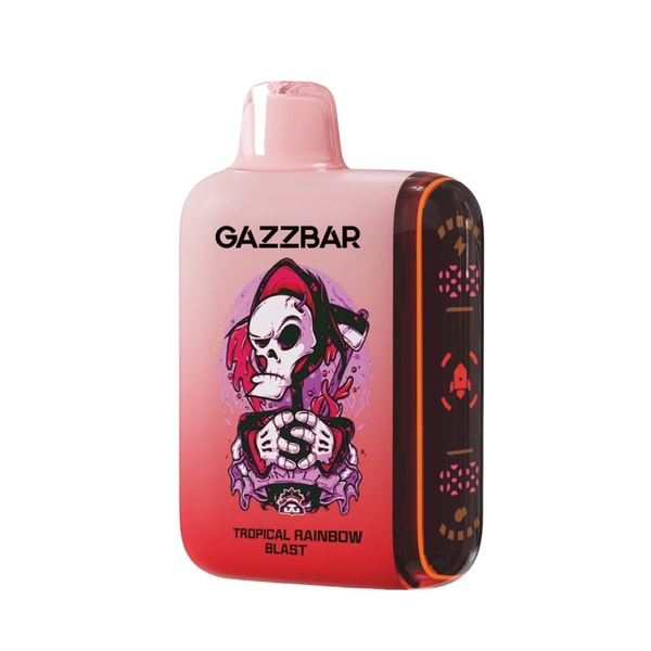 Rounded rectangular pink-to-red disposable vape device with a small top mouthpiece, 'GAZZBAR' logo at the top, a central illustrated skull in a hood with clasped hands, 'Tropical Rainbow Blast' flavor text at the bottom, and a dark translucent side panel with orange-trimmed LED indicator patterns.