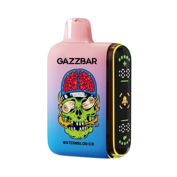 Small rectangular GAZZBAR disposable vape in a pink-to-blue gradient labeled “Watermelon Ice,” featuring a neon green skull with an exposed red brain graphic on the front and a black side panel with LED indicator lights.