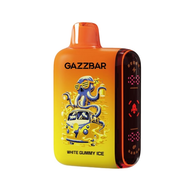Orange-to-yellow gradient GAZZBAR disposable vape with a rounded rectangular shape and top mouthpiece, featuring a cartoon octopus wearing sunglasses over a yellow van, a dark side LED indicator strip with icons, and the flavor text 'WHITE GUMMY ICE'.