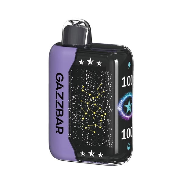 Compact rectangular purple and black disposable vape device with a clear mouthpiece, 'GAZZBAR' printed on the purple side, a starry constellation pattern on the black face and numeric '100' with a blue star emblem on the right panel.