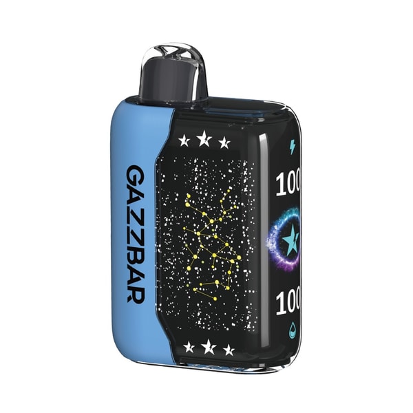 Small blue and black rectangular vape device with a clear mouthpiece, vertical GAZZBAR logo on the blue side and a starry constellation graphic with ‘100’ markings on the glossy black front.