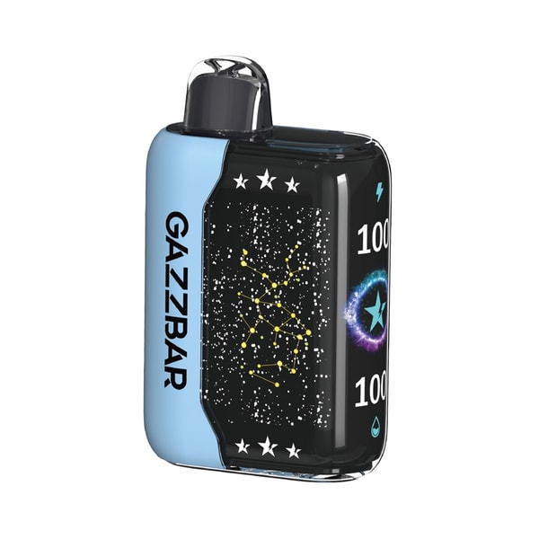 Compact rectangular vape device with a light-blue side panel labeled GAZZBAR, a black front decorated with yellow constellation dots and white star motifs, a clear curved mouthpiece on top, and a glowing star emblem with the number 100 on the right edge.