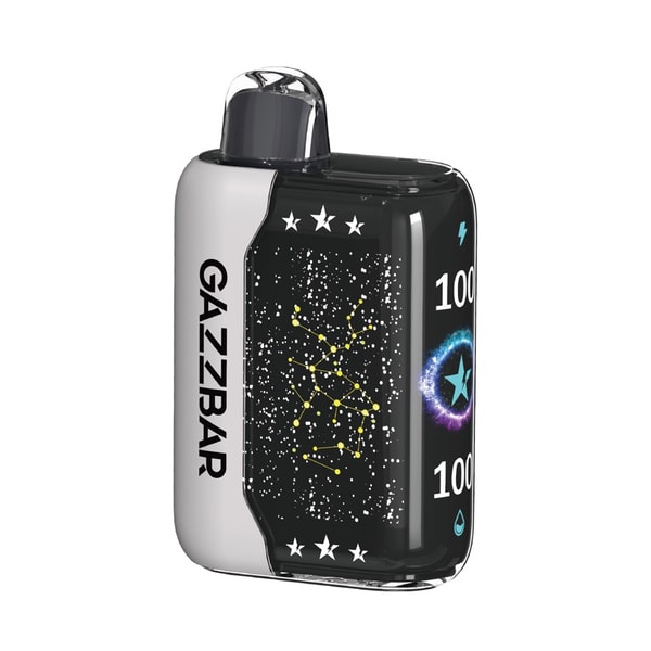 Compact rectangular vape device with a white side panel labeled GAZZZBAR, glossy black front decorated with white speckles and a yellow constellation graphic, star icons and a blue circular star emblem flanked by the number 100, and a clear top mouthpiece.