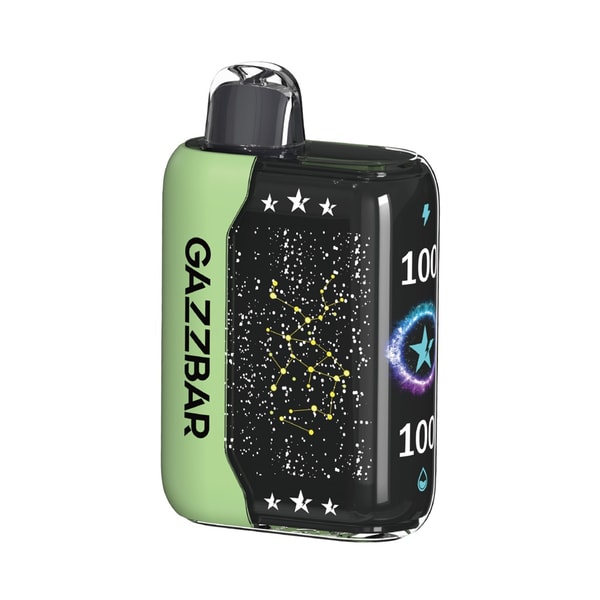 Compact rectangular green-and-black GAZZBAR vaping pod with a translucent mouthpiece and a front panel showing a starfield constellation graphic and '100' markings.