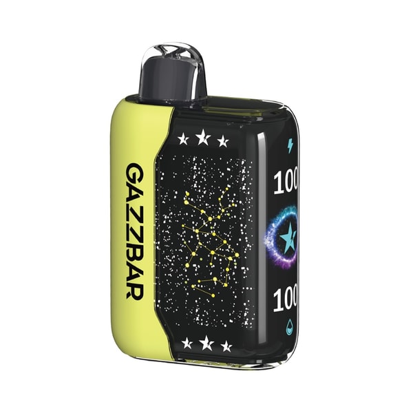 Compact GAZZBAR pod-style vape with a neon yellow side panel, glossy black front decorated with white speckles and a yellow constellation graphic, a small translucent mouthpiece and a visible '100' and star emblem on the right edge.