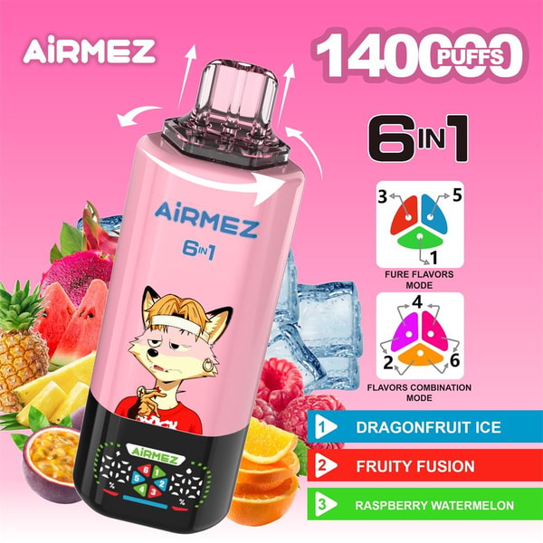 Pink AiRMEZ disposable vape device labeled 6-in-1 and 1400 puffs with a cartoon fox on the body, pictured among fruit and ice, with a sidebar showing flavor-mode diagrams and flavor names (Dragonfruit Ice, Fruity Fusion, Raspberry Watermelon).