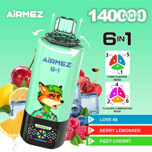 Mint-green AiRMEZ 6-in-1 disposable vape with a cartoon fox mascot and '1400 puffs' label, surrounded by ice cubes and fruit (lemon, cherries, berries), plus diagrams for flavor modes and a side list naming Love 66, Berry Lemonade and Fizzy Cherry.