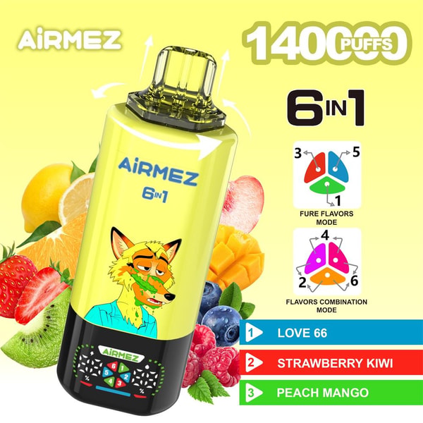 Bright yellow AIRMEZ 6-in-1 disposable vape with a clear mouthpiece and a cartoon fox on the body, surrounded by strawberries, kiwi, lemon, peach, mango and berries, labeled 14000 puffs with icons for six flavor modes and flavor names Love 66, Strawberry Kiwi and Peach Mango.