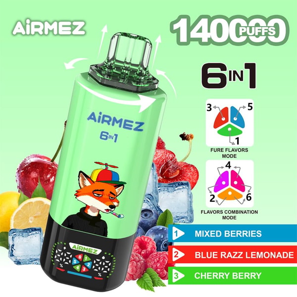 Bright green AiRMEZ disposable vape device labeled 1400 puffs and 6 in 1 with a cartoon fox wearing a multicolored propeller hat on the body, shown amid cherries, blueberries, raspberries, lemon slices and ice cubes, with diagrams for flavor modes and a sidebar listing Mixed Berries, Blue Razz Lemonade and Cherry Berry.