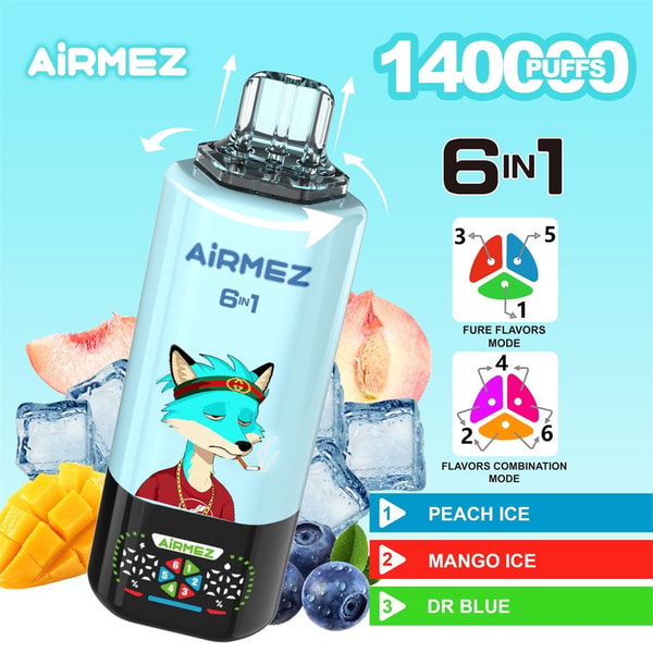 Light-blue Airmez 6-in-1 disposable vape with a transparent mouthpiece and a cartoon fox on the body, shown against ice cubes and fruit (peach slices, mango chunks and blueberries) with large text “14000 puffs” and labeled flavor bars for Peach Ice, Mango Ice and Dr Blue plus small icons depicting flavor-combination modes.