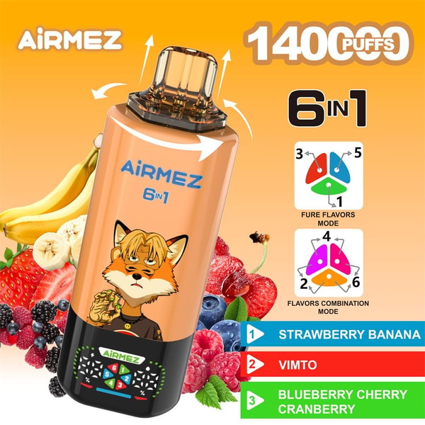 Orange AIRMEZ 6-in-1 disposable vape device featuring a cartoon fox and a 1400 puffs label, shown with airflow arrows and flavor-selection diagrams surrounded by fruits (banana, strawberry, blueberry, cherry, cranberry, raspberries) and a color-coded flavor list: Strawberry Banana, Vimto, Blueberry Cherry Cranberry.