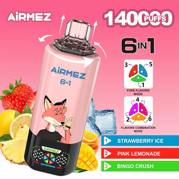 Pink AiRMEZ 6-in-1 disposable vape labeled 1400 puffs with a cartoon fox on the body, shown with strawberries, lemon, pineapple, mango and ice cubes and infographic icons indicating six flavor modes and a flavor list (Strawberry Ice, Pink Lemonade, Bingo Crush).