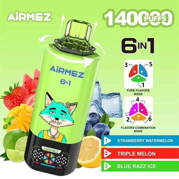 Green AiRMEZ 6-in-1 disposable vape device labeled 14000 puffs with a turquoise cartoon fox on the body, pictured tilted among strawberries, melon, mango, lime, lemon, blueberries and ice, alongside flavor names and mode diagrams.
