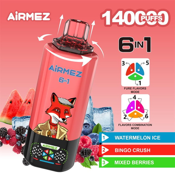 Pink-red Airmez 6-in-1 disposable vape device labeled 1400 puffs with a dressed fox illustration on the front, shown against a pink background with watermelon slices, mixed berries and ice and accompanying graphics listing flavors Watermelon Ice, Bingo Crush and Mixed Berries plus icons for pure-flavors and flavor-combination modes.