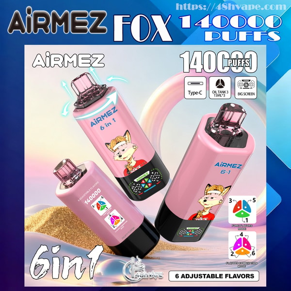 Three pink AIRMEZ FOX 6-in-1 disposable vape devices with a cartoon fox, shown against a blue and pastel backdrop with a rainbow arc and sand, featuring text '140000 puffs', Type-C and 15ml oil tank icons, a small digital control screen, and a graphic indicating 6 adjustable flavors.