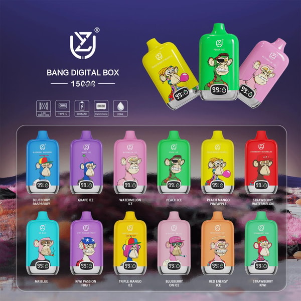 Promotional product image of Bang Digital Box disposable vapes arranged in rows—colorful rectangular devices each bearing a cartoon ape character, a small digital display and flavor names like Blueberry Raspberry, Grape Ice, Watermelon Ice, Peach Mango Pineapple and others, set against a purple landscape background.