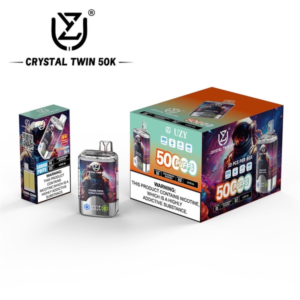 Packaging for a Crystal Twin 50K UZY disposable vape, showing a metallic device and two colorful retail boxes with cosmic artwork, prominent "50K/50,000 puffs" branding and a visible nicotine warning label.
