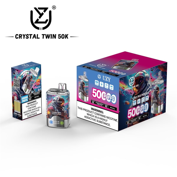 Three-piece product display showing a chrome-finish disposable vape with vibrant astronaut/cosmic artwork, a matching individual retail sleeve, and a larger pink-and-blue UZY Crystal Twin 50K box prominently labeled "50 PUFFS" and bearing a nicotine warning label.