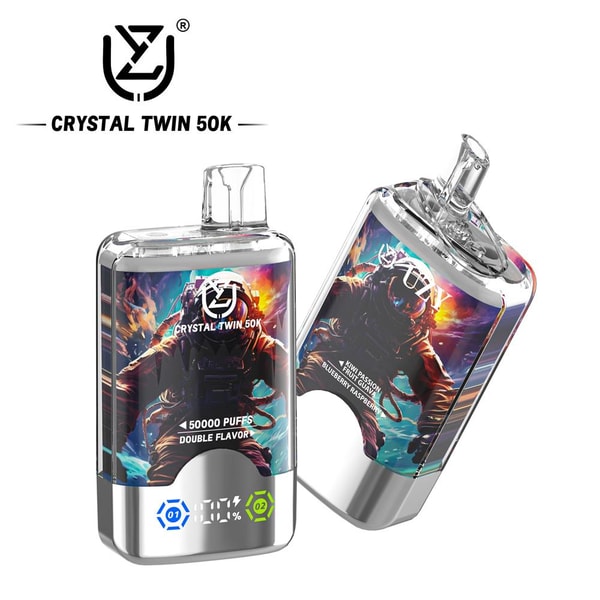 Two Crystal Twin 50K disposable vape devices with colorful astronaut-themed panels, clear mouthpieces and silver bases showing LED puff and battery indicators.