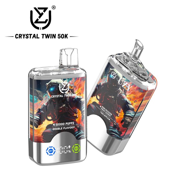 Two clear-plastic Crystal Twin 50K disposable vape devices with astronaut-themed fiery artwork, clear mouthpieces and metallic bases showing a digital puff/battery readout and branding.