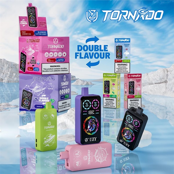 Colorful Tornado branded disposable vape devices and stacked product boxes arranged on a reflective icy surface with a prominent 'Double Flavour' logo and visible nicotine warning labels.