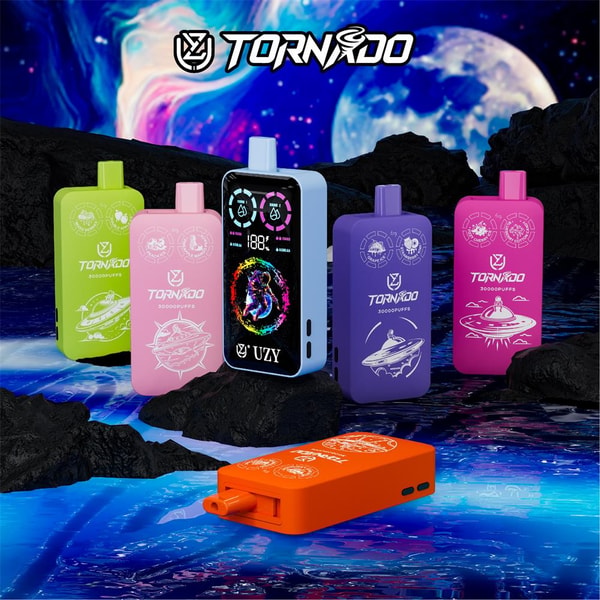Group of colorful Tornado-branded disposable vape devices in green, pink, purple, magenta and orange with a central black-screen unit showing digital readouts, arranged on rocky ground above reflective blue water against a cosmic planet-and-nebula sky.