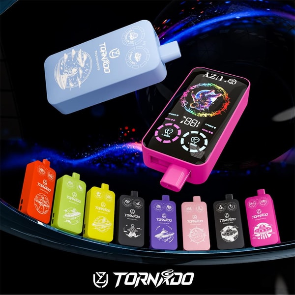Two larger colorful pod-style vape devices—a light blue one and a pink one with a vivid digital display—float above a row of nine smaller brightly colored pods decorated with white space-themed graphics against a dark cosmic background, with the TORNADO logo centered at the bottom.