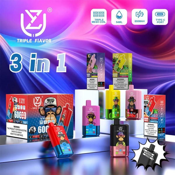 Bright promotional display of Triple Flavor '3 in 1' disposable vape devices and boxes on white podiums against a purple-pink swirled background, showing colorful rectangular pods with cartoon monkey graphics and technical icons at the top.