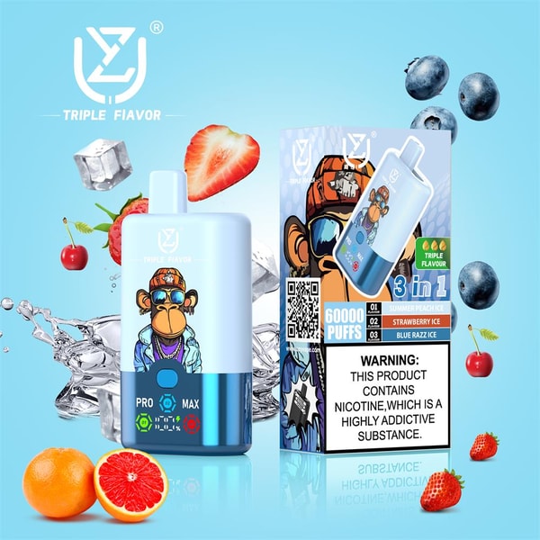 Light-blue disposable vape device and matching box featuring a cartoon monkey in sunglasses and a cap, set against a blue background with strawberries, blueberries, cherries, ice cubes and citrus slices, showing 'Triple Flavor', '3 in 1', '60000 PUFFS' branding and a prominent nicotine addiction warning.